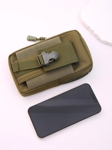 Army green tactical belt pouch next to a smartphone showing storage size and clip