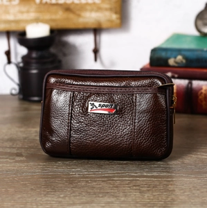 Deep brown litchi texture leather men's belt pouch with sport logo on a wooden desk