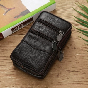 Men's brown synthetic leather waist pouch with triple zipper and lychee pattern