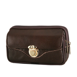 Dark brown lychee texture leather belt bag with double zippers and gold push-lock closure