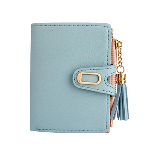 Detail of light blue short wallet featuring tassel zipper and gold metal buckle design