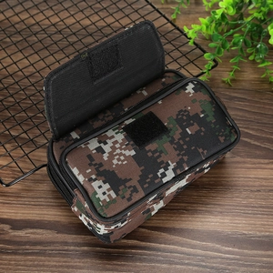 Macro detail of camouflage tactical belt pouch showing durable double zipper structure