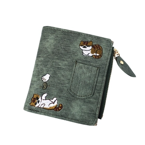 Dark green canvas wallet with cute cat embroidery and zipper pocket for women