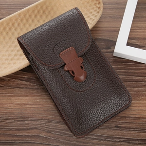 Men's dark brown leather phone pouch with belt loop and buckle on a wooden desk