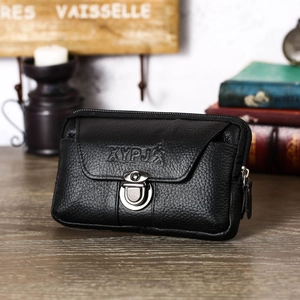 Men's black lychee pattern leather waist bag with metal buckle and zipper closure
