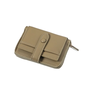Khaki pebbled faux leather mini wallet with card slots and contrast stitching