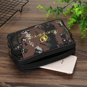 Close-up of triple-zipper canvas waist bag in brown camouflage with cell phone pocket