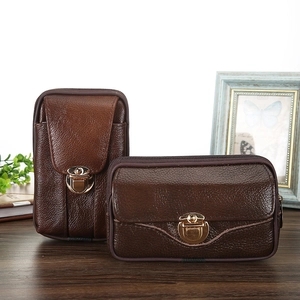 Men Retro Genuine Leather Waist Bag Phone Pouch For 6.5 Inch Belt Loop Outdoor Sports Lychee Pattern Coffee Purse