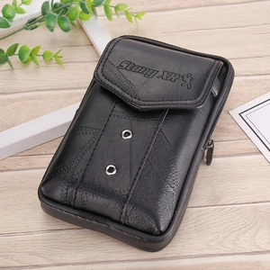 Men's black leather phone holster with belt loop and zipper pocket on wood background