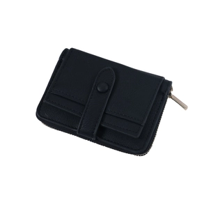 Detail of black mini zipper wallet showing snap button strap and external card slots