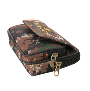 Macro side view of durable digital camouflage tactical waist bag with double zippers