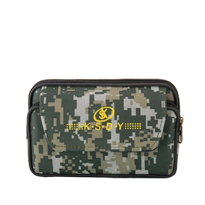 Front view of digital camo canvas waist bag with triple zippers and embroidered logo