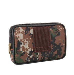 Macro detail of the durable digital camouflage phone pouch showing back belt loop and zippers