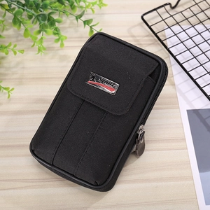 Detail of black tactical nylon phone holster with metal Sport logo and secure zipper