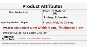 Detailed technical specifications for PU leather wallet showing size and card slot layout