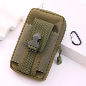 Tactical army green canvas waist bag for men with buckle closure and climbing carabiner