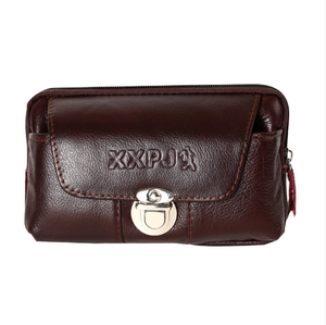 Detail view of dark reddish-brown leather waist bag with metallic buckle and logo