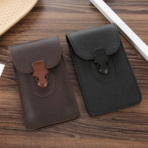 Detail of slim waist phone pouches with lychee leather texture and secure plastic buckle
