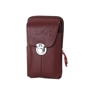 Men's dark brown leather phone belt pouch with metal buckle and side zipper pocket