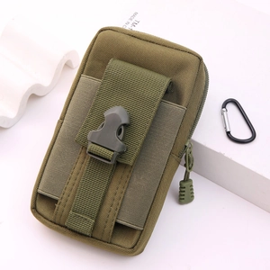 Army green tactical canvas waist bag with buckle pocket and carabiner hook for outdoor use