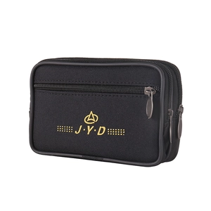 Men's black canvas belt pouch with three zippers and golden J.Y.D logo for phone storage