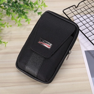 Close-up of black nylon tactical phone pouch featuring a metal Sport logo and zipper detail