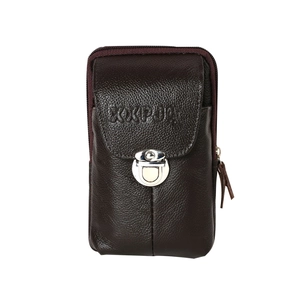 Detail view of dark brown textured leather phone pouch with metallic silver buckle and zipper
