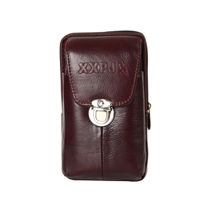 Detailed view of dark brown faux leather phone pouch with metal zipper and snap closure