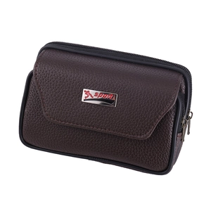 Herren Gürteltasche aus dunkelbraunem Leder mit Lychee-Muster und Sport-Logo aus Metall