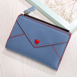 Light blue PU leather mini envelope card holder wallet with a red heart decoration