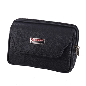 Herren Bauchtasche aus schwarzem Leder mit Litschimuster, Reißverschluss und Sport-Logo