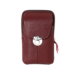 Detailed view of dark red litchi texture faux leather belt pouch with silver metal clasp