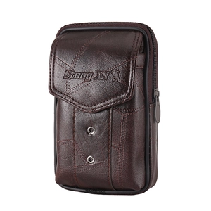 Close-up of deep brown leather belt pouch featuring textured surface and embossed logo