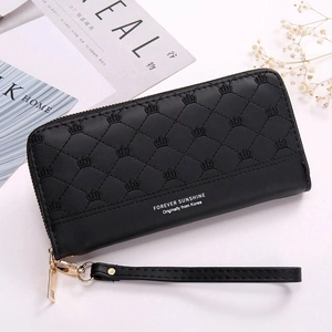 Black long women's wallet with crown embroidery and wristlet on a minimalist background