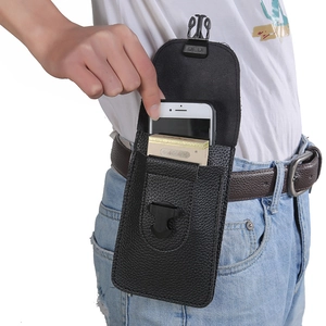 Men Urban Casual PU Leather Mobile Phone Waist Bag Litchi Pattern Belt Loop Pouch Outdoor Sports Travel Smartphone Holder Bag