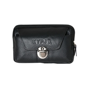 Close-up of black litchi pattern leather waist bag featuring silver buckle and zipper