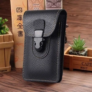 Detailed view of black litchi grain phone holster with buckle and yellow stitching