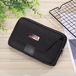 Detailed close-up of a black canvas men's belt pouch with Sport logo and zipper pockets