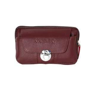 Macro shot of dark red faux leather phone pouch with silver buckle and embossed logo