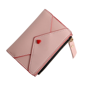 Short pink PU leather women's wallet with red heart detail and side zipper closure