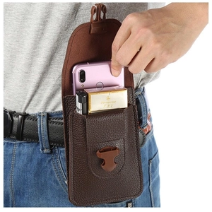 Detail of brown leather waist bag holding a smartphone, lighter, and cigarette pack
