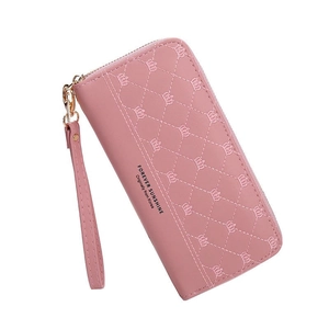Pink quilted leather long wallet with crown pattern and detachable wrist strap
