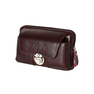 Close-up of dark brown leather belt pouch with silver round lock and zip detail