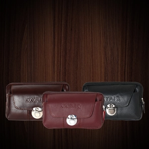 Detail view of multi-color synthetic leather waist bags with swivel metal buckles