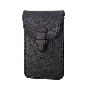 Macro detail of black litchi texture leather pouch with secure buckle closure