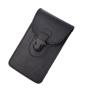 Detail view of black lychee grain phone waist bag with durable plastic buckle closure