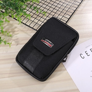Men's black canvas waist bag with Sport metal logo for 6.5-inch phone and belt attachment