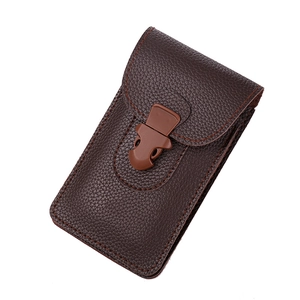 Vertical dark brown leather men's belt pouch with litchi texture and buckle closure