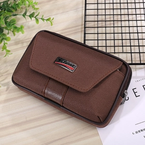 Detailed top view of a dark brown canvas phone waist pouch with metal SPORT emblem