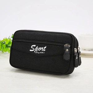 Three-zipper oxford cloth phone pouch in black featuring Sport print on wooden table